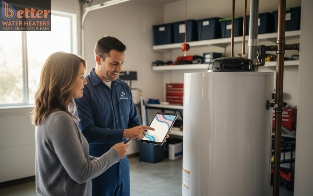Professional water heater installation and repair specialist showing diagnostics to a homeowner