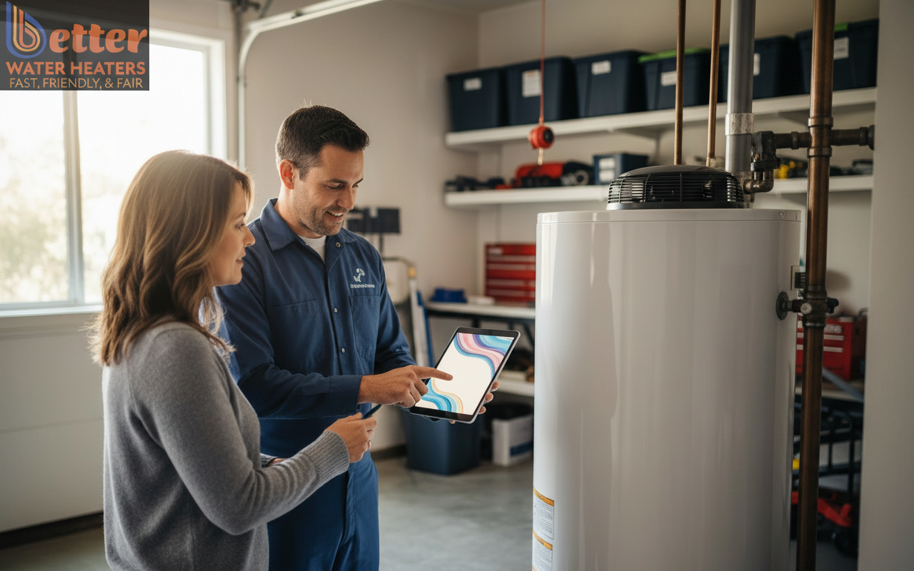 Professional water heater installation and repair specialist showing diagnostics to a homeowner