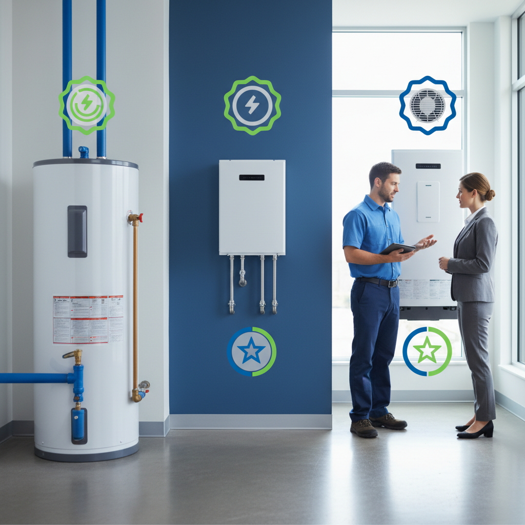 Comparison of different water heater types including heat pumps and tankless units