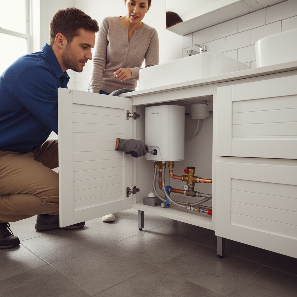 Compact point-of-use water heater installed under a bathroom sink