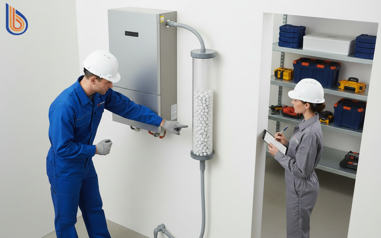 A professional condensate neutralizer installation as part of a drainage and discharge framework