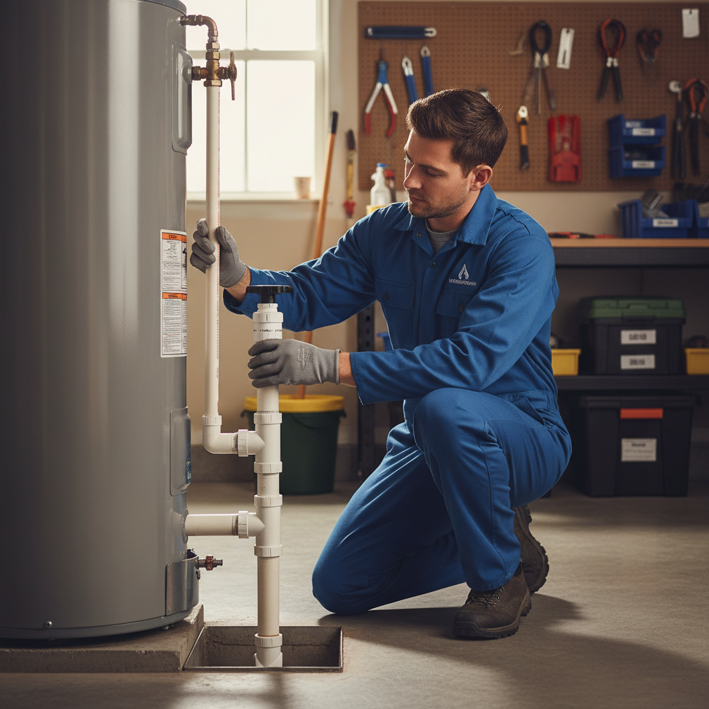 Technician inspecting water heater drainage and discharge framework