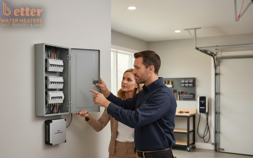 A professional electrician performing an electrical service upgrade in a Bay Area home