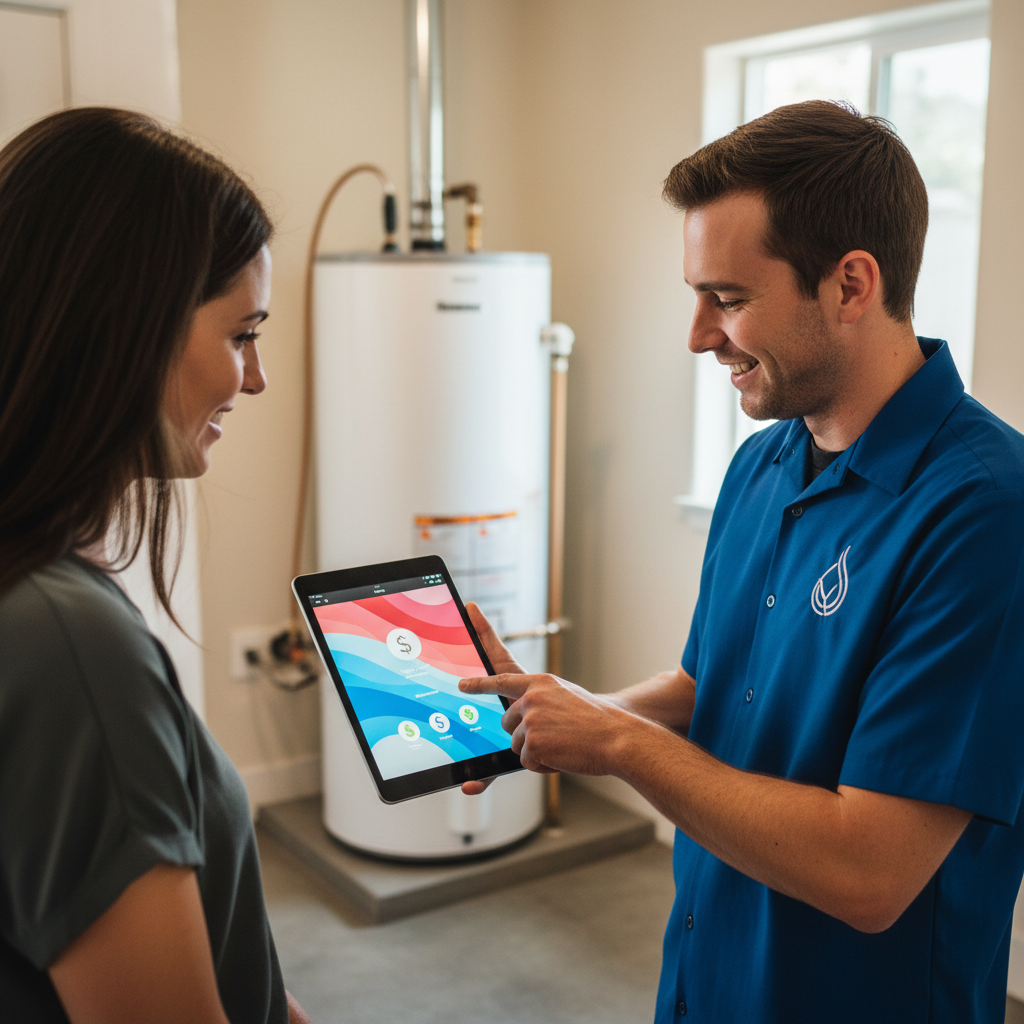 Consultant explaining water heater ROI and rebates to a homeowner
