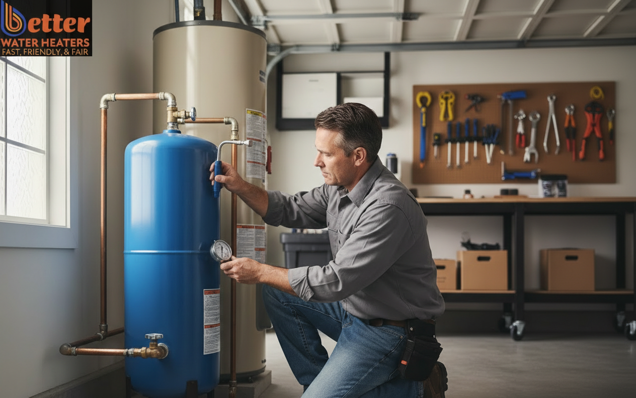 Plumber checking the water heater expansion tank pressure with a gauge