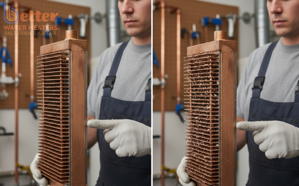 Comparison of clean vs scaled tankless heat exchanger affected by Bay Area water quality