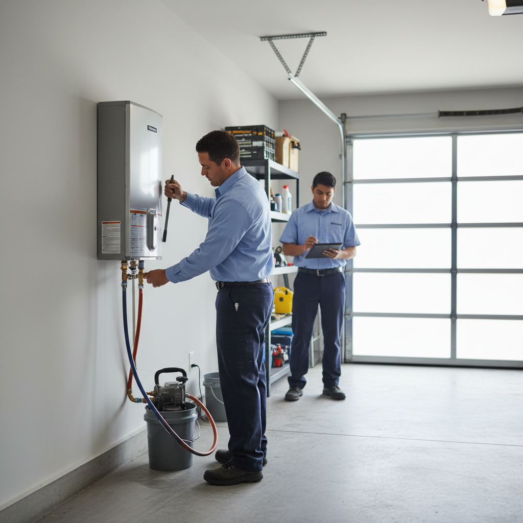 Professional water heater maintenance by city expert descaling a tankless unit
