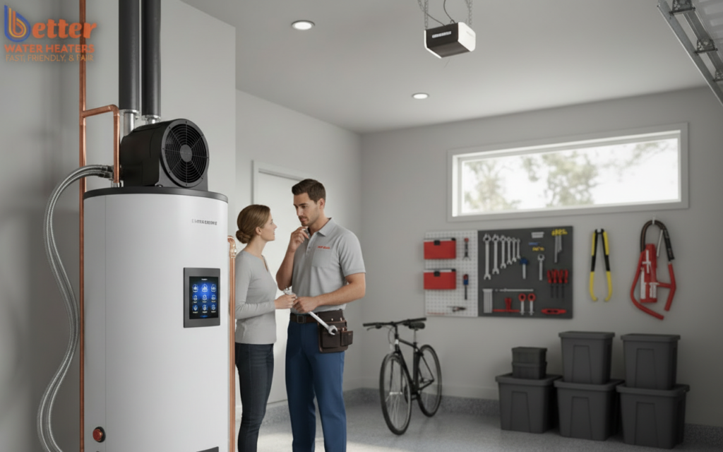 Modern heat pump water heater installation showing high heat pump COP efficiency in a garage