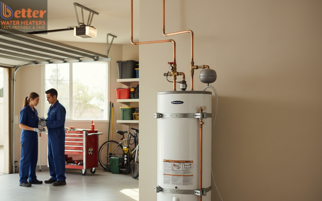 Professional heat pump installation location in a San Jose garage showing seismic strapping