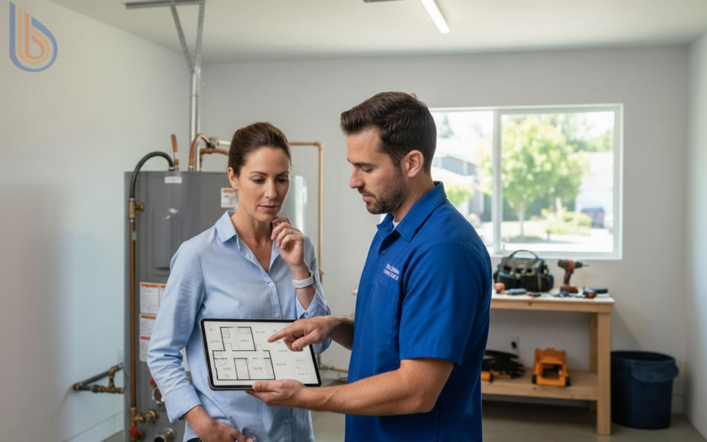 Technician performing a high-volume heat pump conversion assessment for a Bay Area homeowner