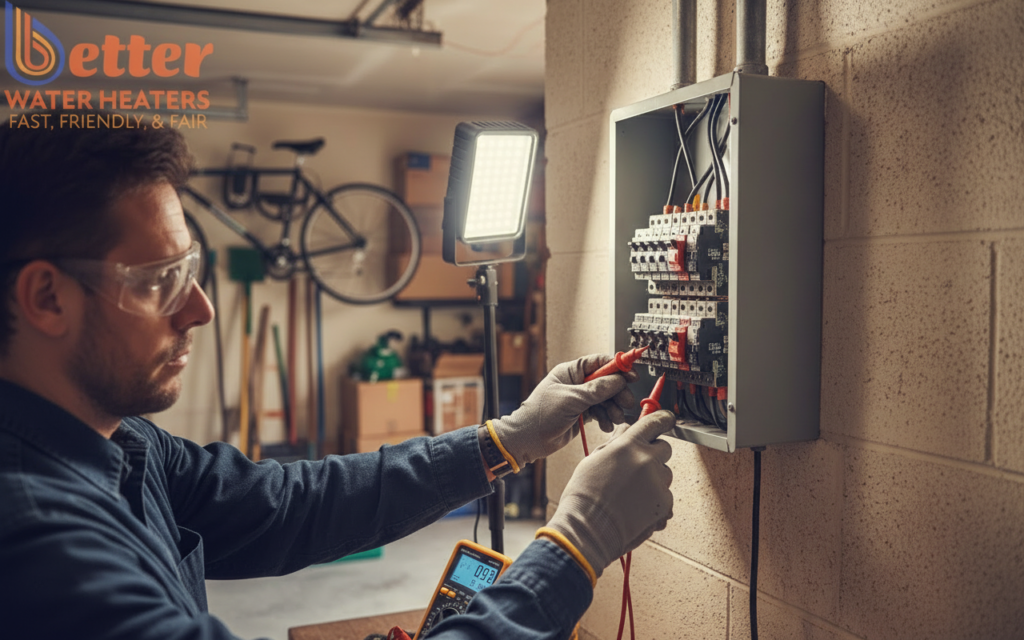 Technician performing a home electrification audit on a 1970s Bay Area electrical panel