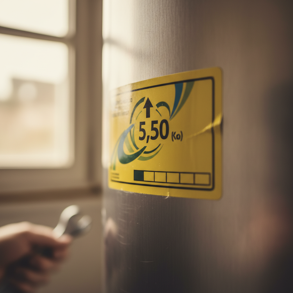 Close up of First Hour Rating on an EnergyGuide label for hot water demand audit