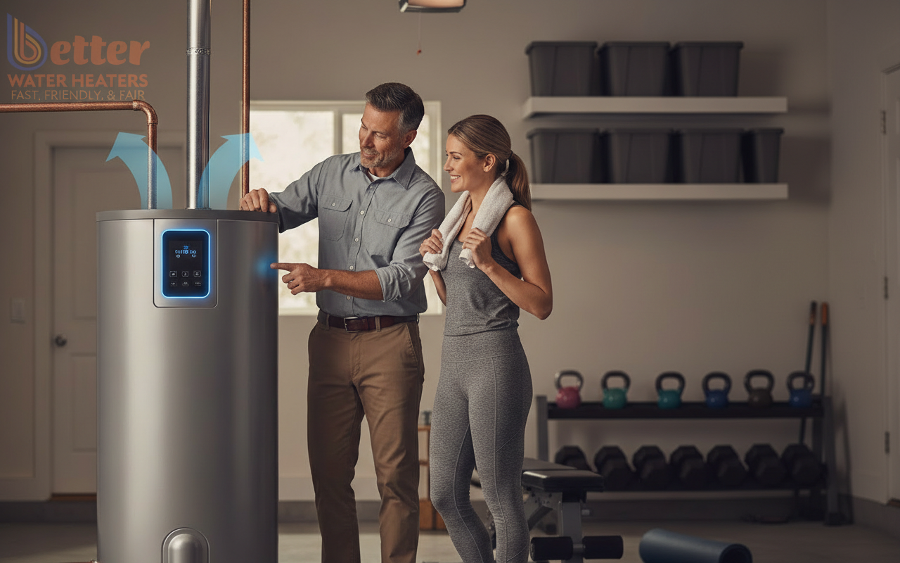 Hybrid heat pump water heater installation in a Bay Area garage providing cooling benefits