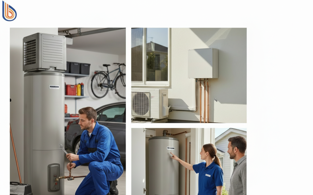 Comparison of integrated vs split-system heat pump water heater installation layouts