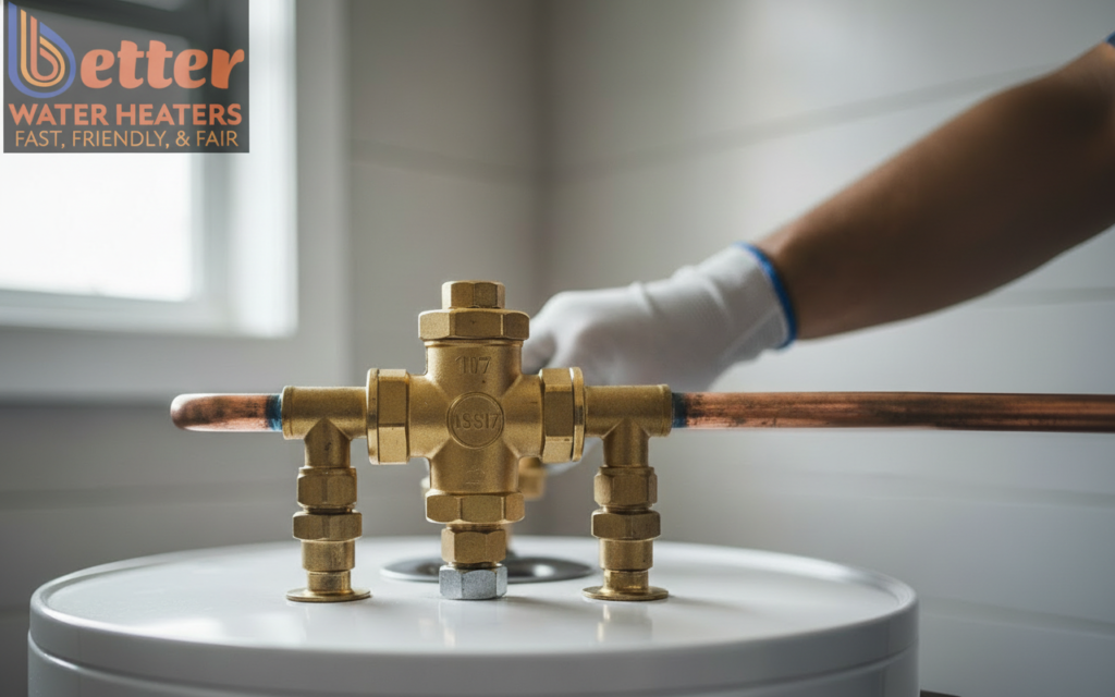 Close-up of a professional water heater mixing valve installation showing brass fittings