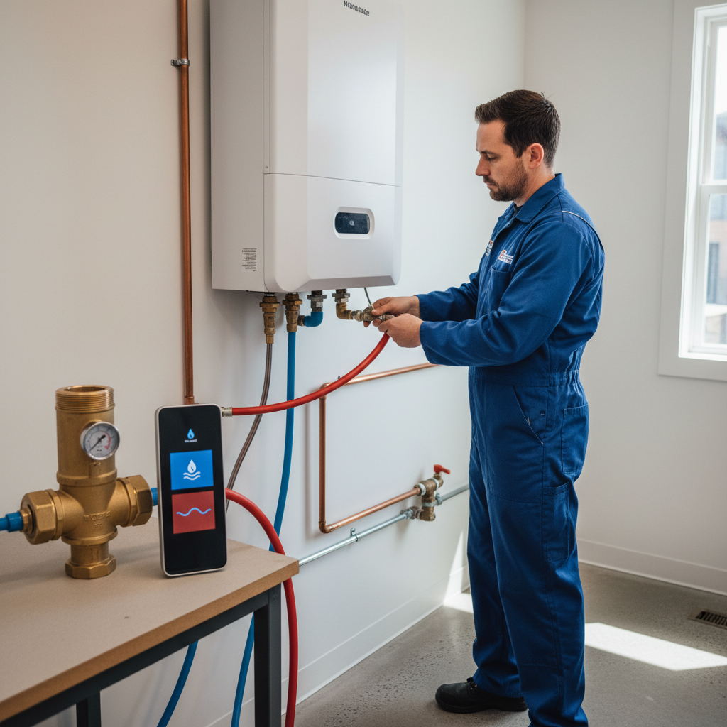 Infographic comparing standard water heater mixing valve vs thermostatic control features