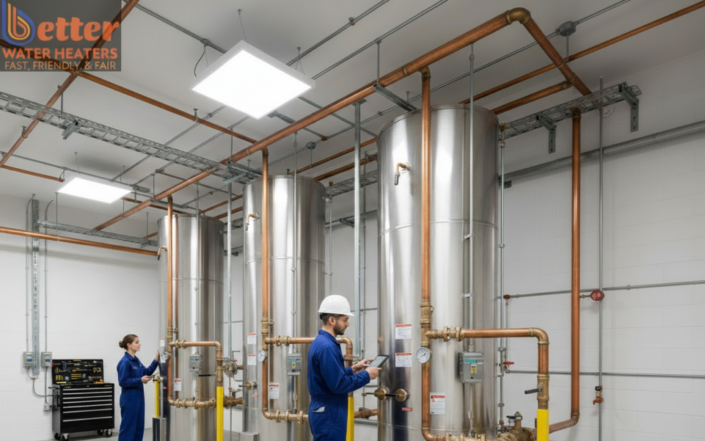 Professional multi-unit water heater sizing installation in a Bay Area apartment complex