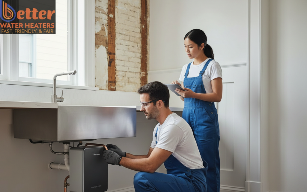 A compact point-of-use water heater installed under a kitchen sink in a San Francisco Victorian home