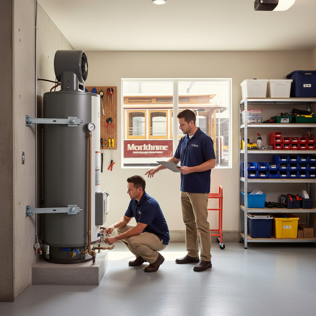 Centralized heat pump water heater with seismic strapping in a Bay Area garage