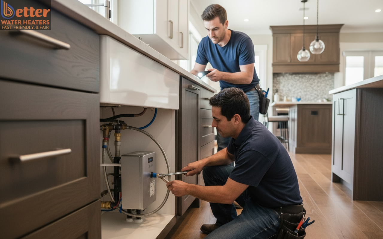 Point-of-use water heater installed under a kitchen sink for instant hot water