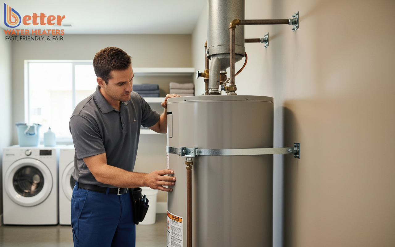 Seismic strapping on a rental property water heater for Bay Area compliance