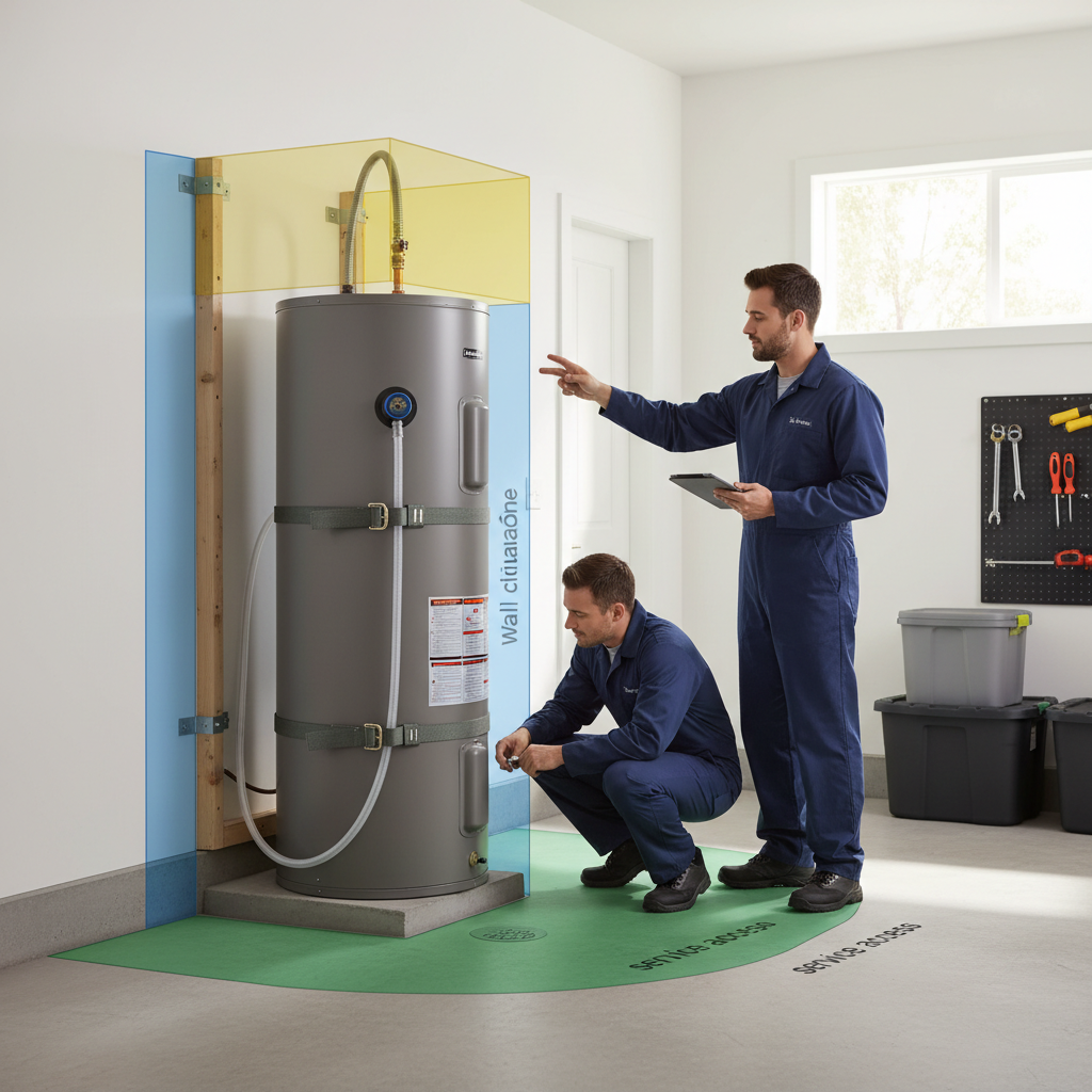 Properly installed heat pump water heater showing site readiness framework elements like drainage and strapping.