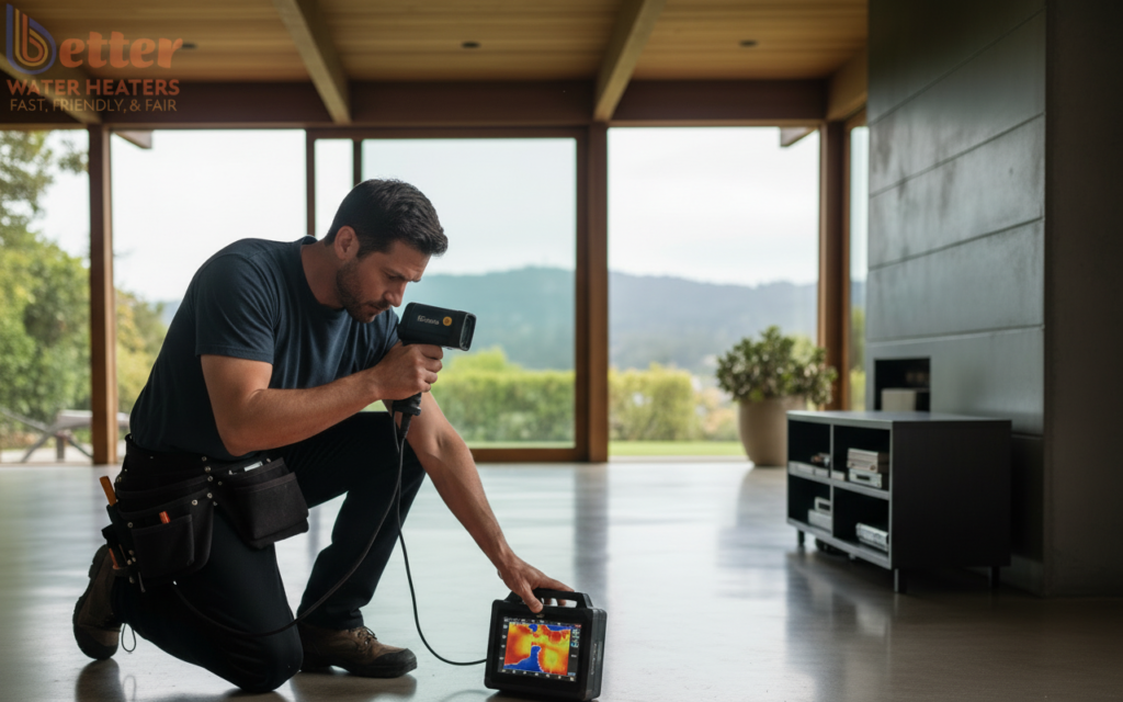 Professional performing thermal mapping on a slab foundation to identify heat loss