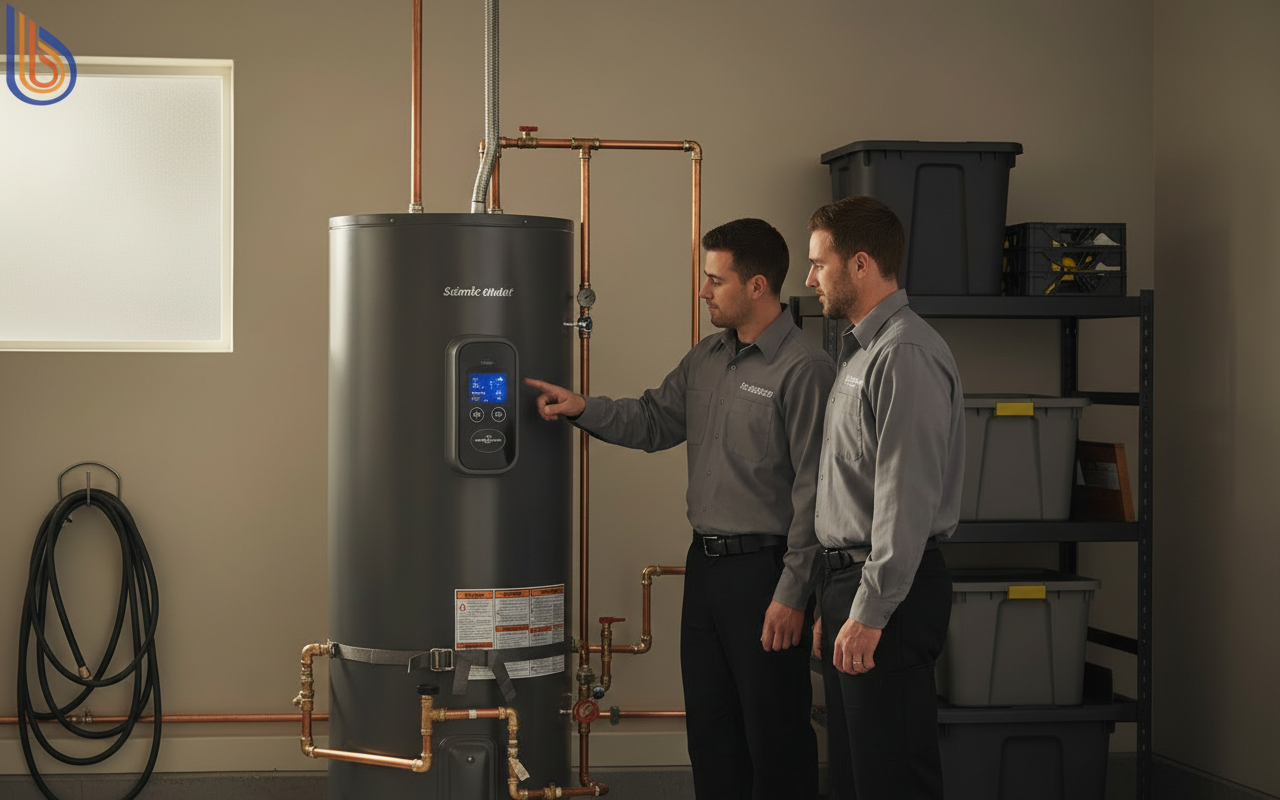 Professional water heater installation and repair showing a modern heat pump unit with seismic strapping