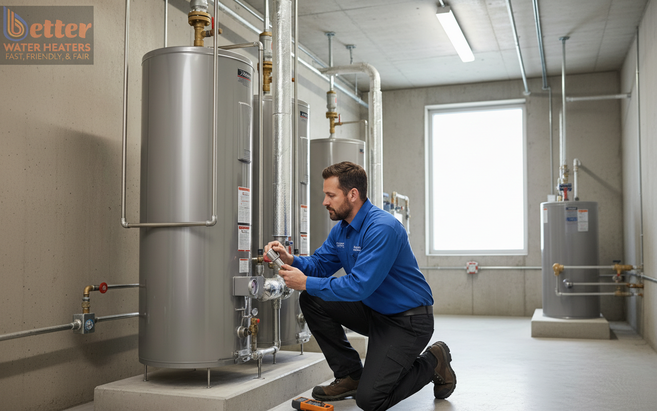 Professional performing a water heater life-cycle audit in a Bay Area apartment complex