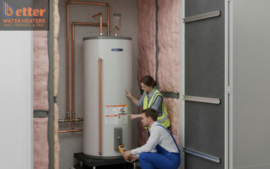 Diagram showing water heater noise reduction techniques in a utility closet