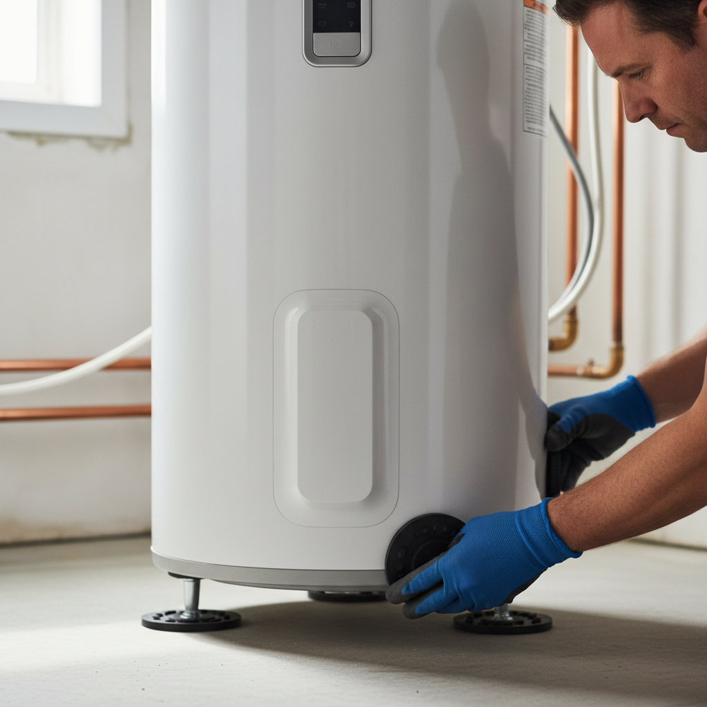 Vibration isolation pads installed for water heater noise reduction
