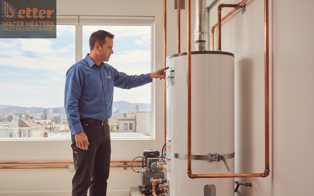 Professional water heater permitting and installation in a San Francisco home showing code-compliant seismic strapping.