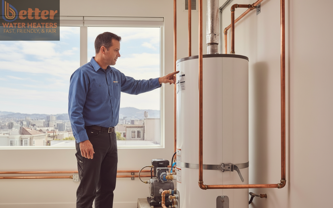Professional water heater permitting and installation in a San Francisco home showing code-compliant seismic strapping.