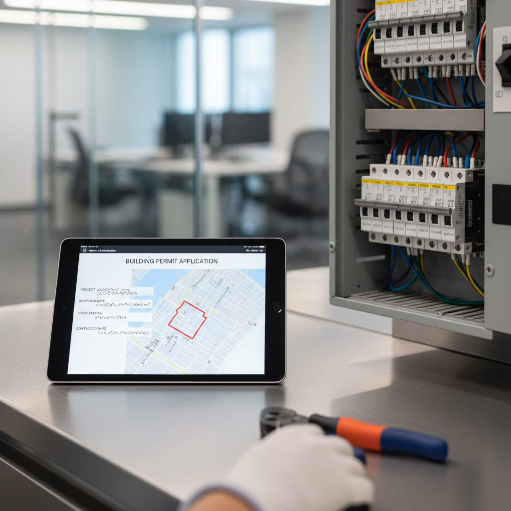 Digital filing for SF plumbing permits on a tablet near an electrical panel.
